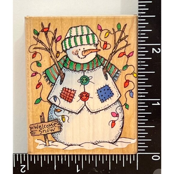 RARE HERO ARTS E1254 SNOWMAN WITH LIGHTS WOOD MOUNTED RUBBER STAMP WELCOME SNOW - Picture 2 of 5